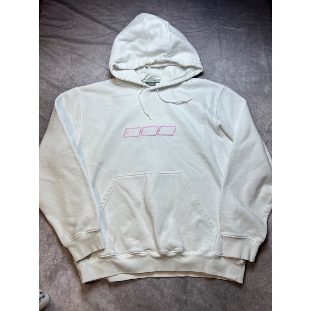 Nike Hoodie Mens Large White Pink Embroidered Swoosh Pullover Sweatshirt
